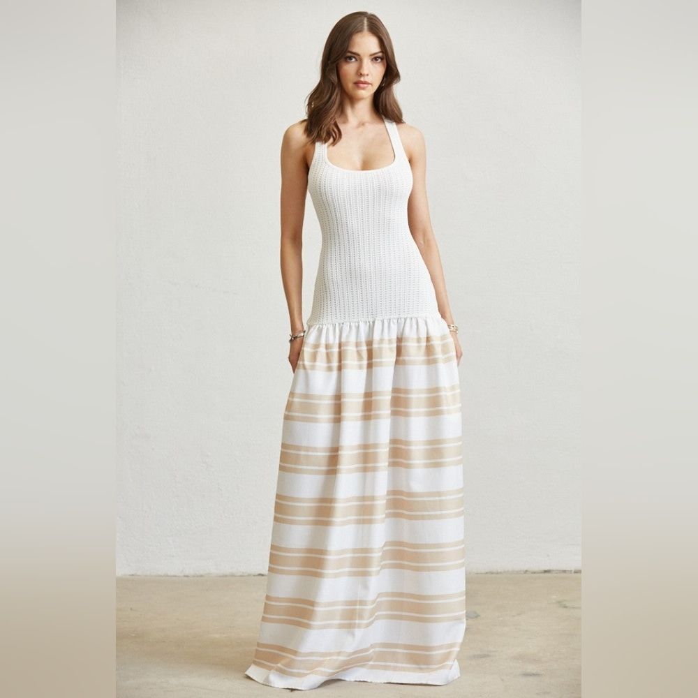 Knit Stripe Combo Maxi Dress- White